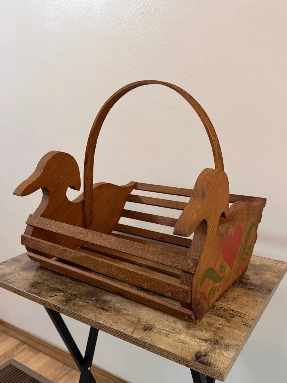 Vintage Wooden Folk Art Duck Basket Carrier | Rustic Farmhouse Decor
